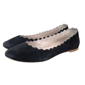 Chloe Lauren Suede‎ Scalloped Ballet Flats Black Leather Slip On Shoes Size 36.5